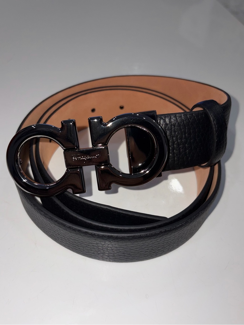 Salvatore Ferragamo Black Leather Belt with Gunmetal Double Gancini Buckle